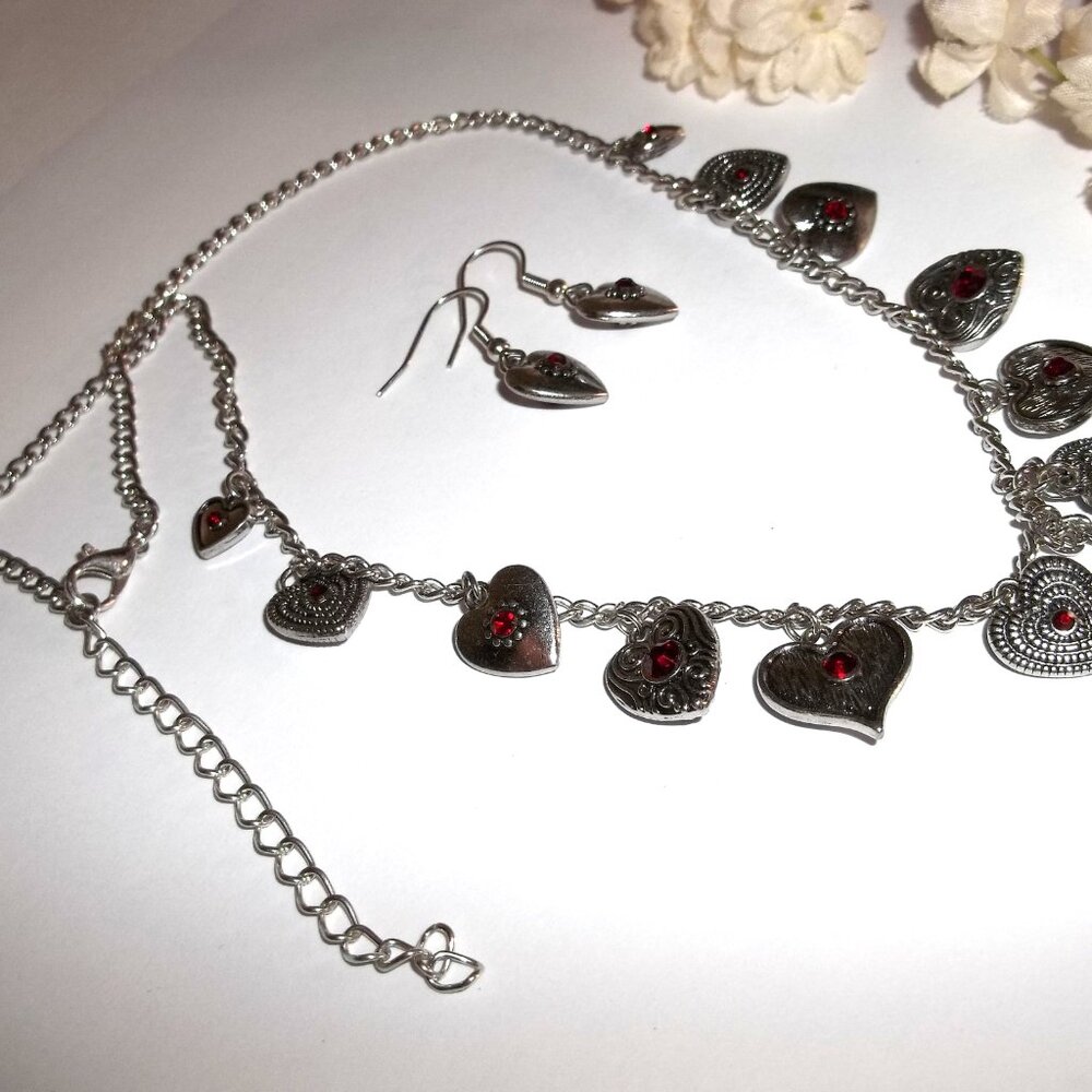 Short Heart Necklace & Earring Ruby Red Rhinestone Silver Costume Jewelry C737 - Picture 3 of 5